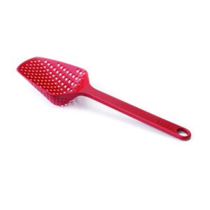 Large non-stick scoop colander in red with silicone handle by Joseph Joseph