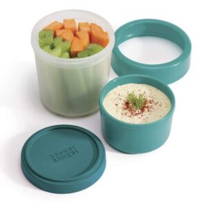 Space-saving snack pot in teal by Joseph Joseph with dual leak-proof compartments