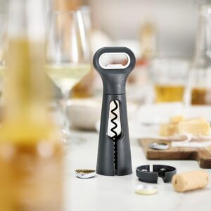 3-in-1 corkscrew bottle opener in grey by Joseph Joseph with foil cutter and cap opener