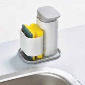 Modern kitchen soap dispenser in white with pump and transparent fill window by Joseph Joseph
