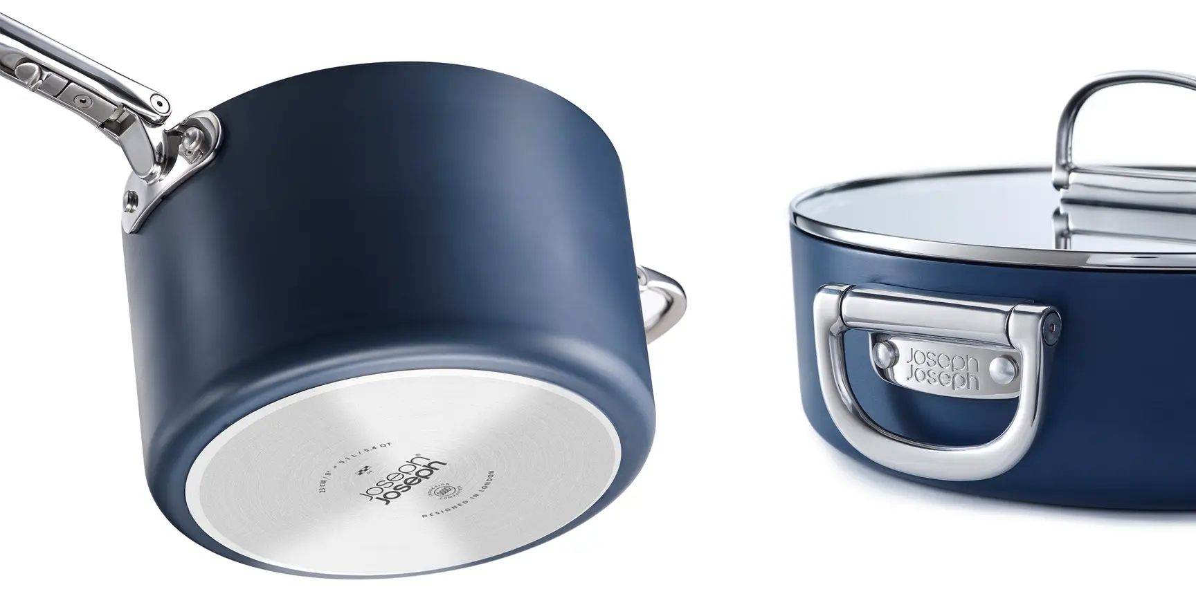 Space-saving cookware by Joseph Joseph with foldable handles neatly stacked in kitchen cabinet